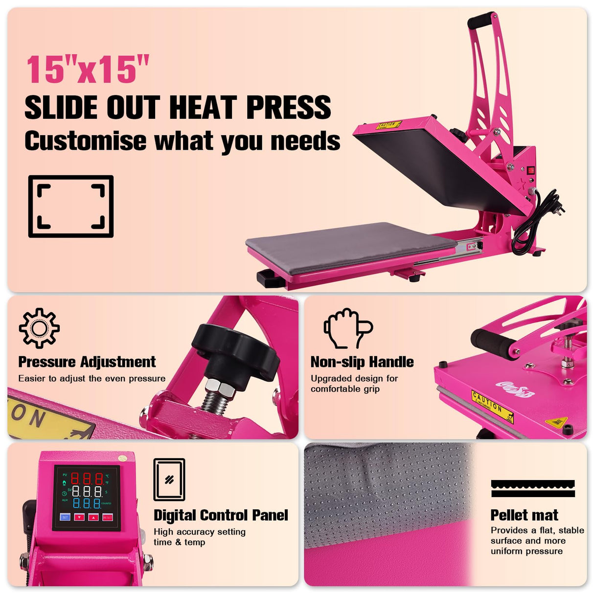 CoolSub Heat Press 15x15 Inch Slide Out Heat Press Machine, Industrial Digital Heat Transfer Machine Sublimation for T-Shirt Hot Pink CoolSub