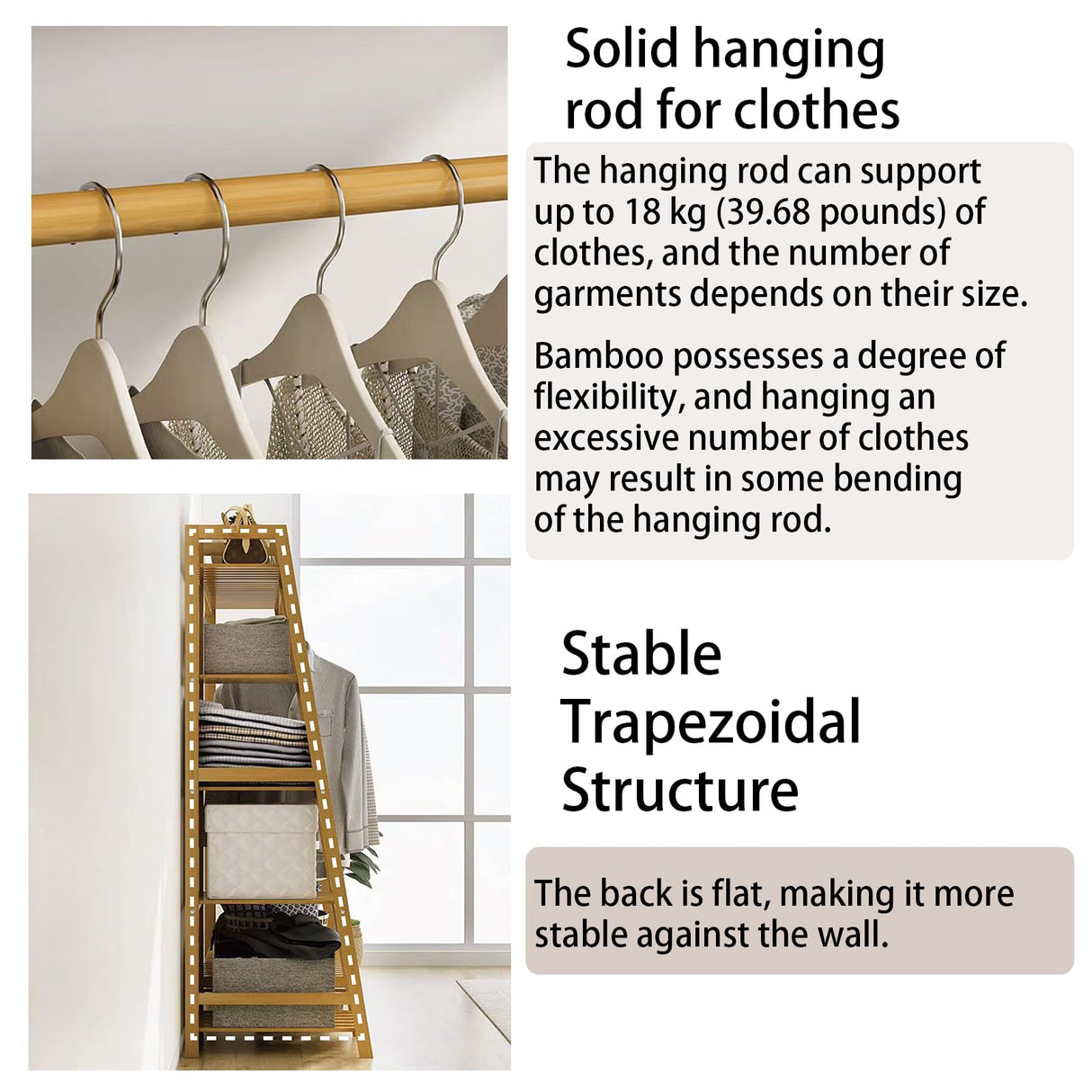 Baveke Bamboo Clothing Garment Rack 7 Tier Storage Shelf Coat Clothes Hanging Rack, Portable Wardrobe Closet Organizer With Top Shelf, Shoe Storage Shelves for Bedroom (Natural - 51.2 in) Baveke