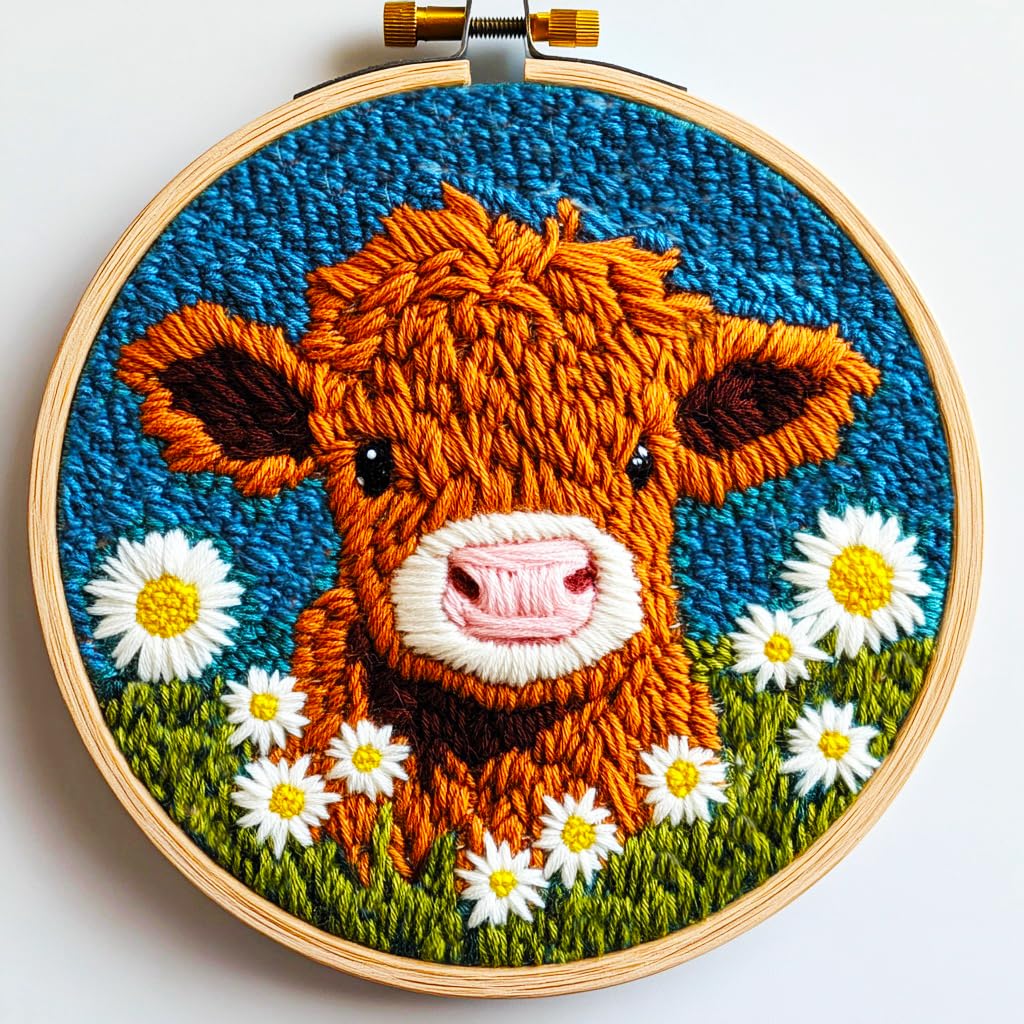 DIY Punch Needle Kits for Beginners Cute Cartoon Highland Cow with Daisy Flower with Hoop Embroidery Punch Needle Starter Craft Set Easy for Adults and Children Festival Gift and Decoration 20x20cm-1 Generic
