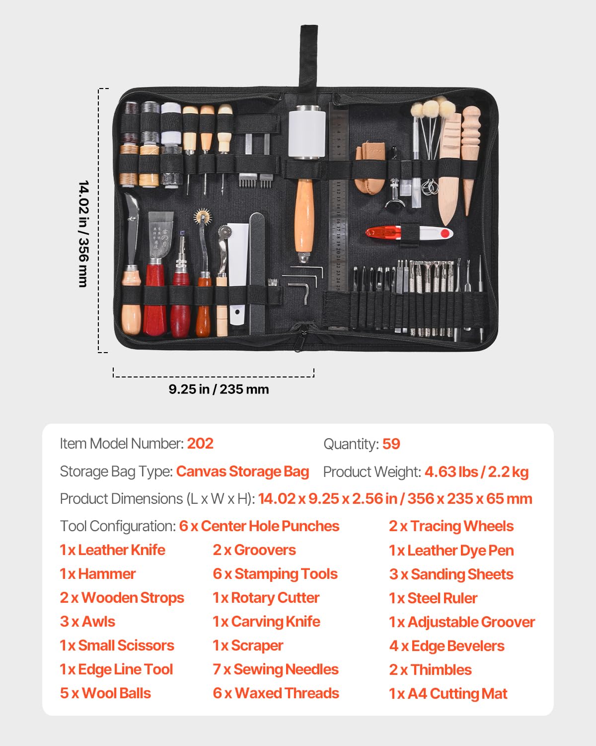 VEVOR Leather Working Tools Kit, 59 PCS Leather Craft Tools with Portable Canvas Storage Bag, Engraving Punching Sewing Stamping Sanding Tools, Ideal for Beginners DIY Enthusiasts and Professionals VEVOR