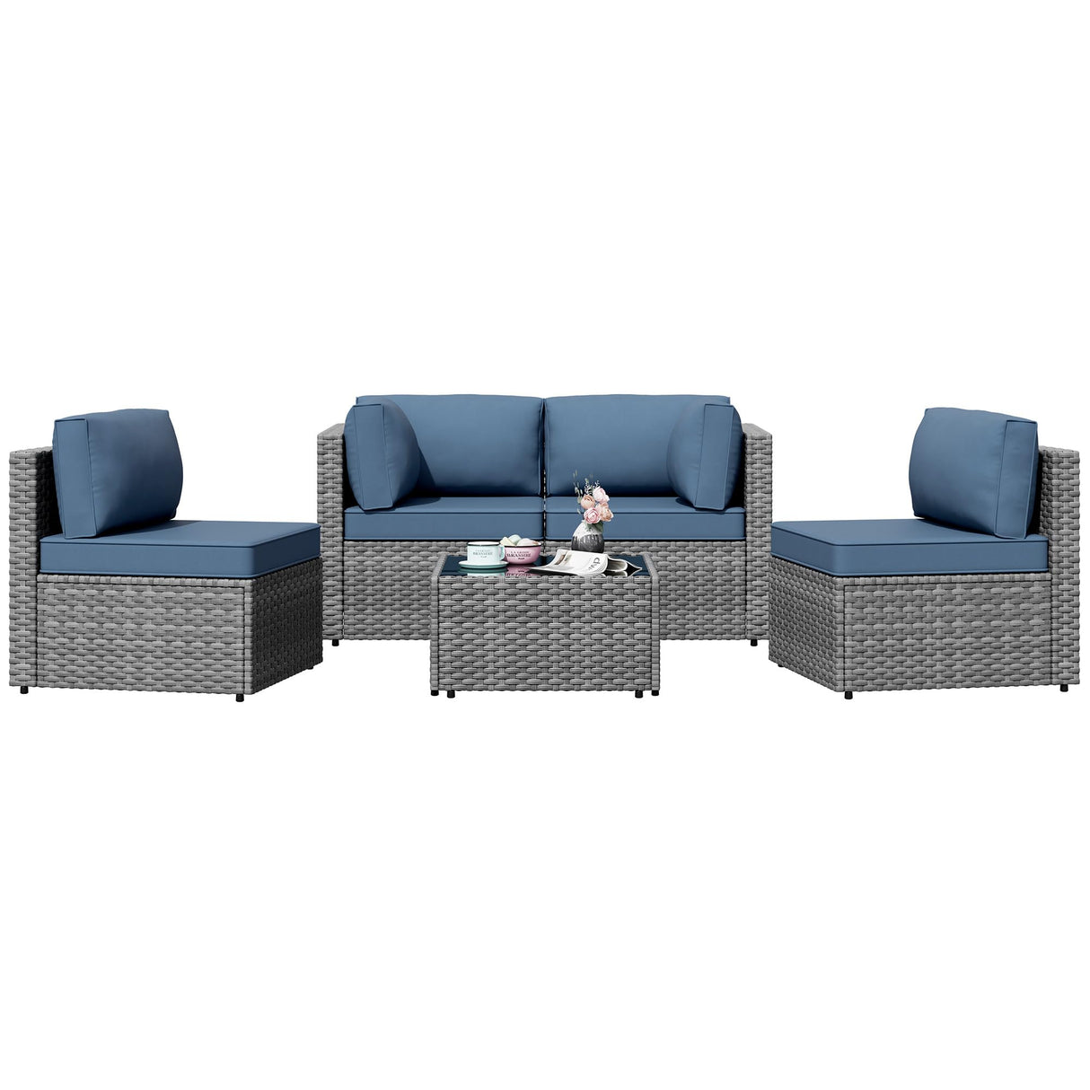 Shintenchi 5 Pieces Outdoor Patio Furniture Sets, Patio Sectional Sofa Couch, Furniture Modular Patio Conversation Sets Patio Sofa with Coffee Table (Aegean Blue) Shintenchi