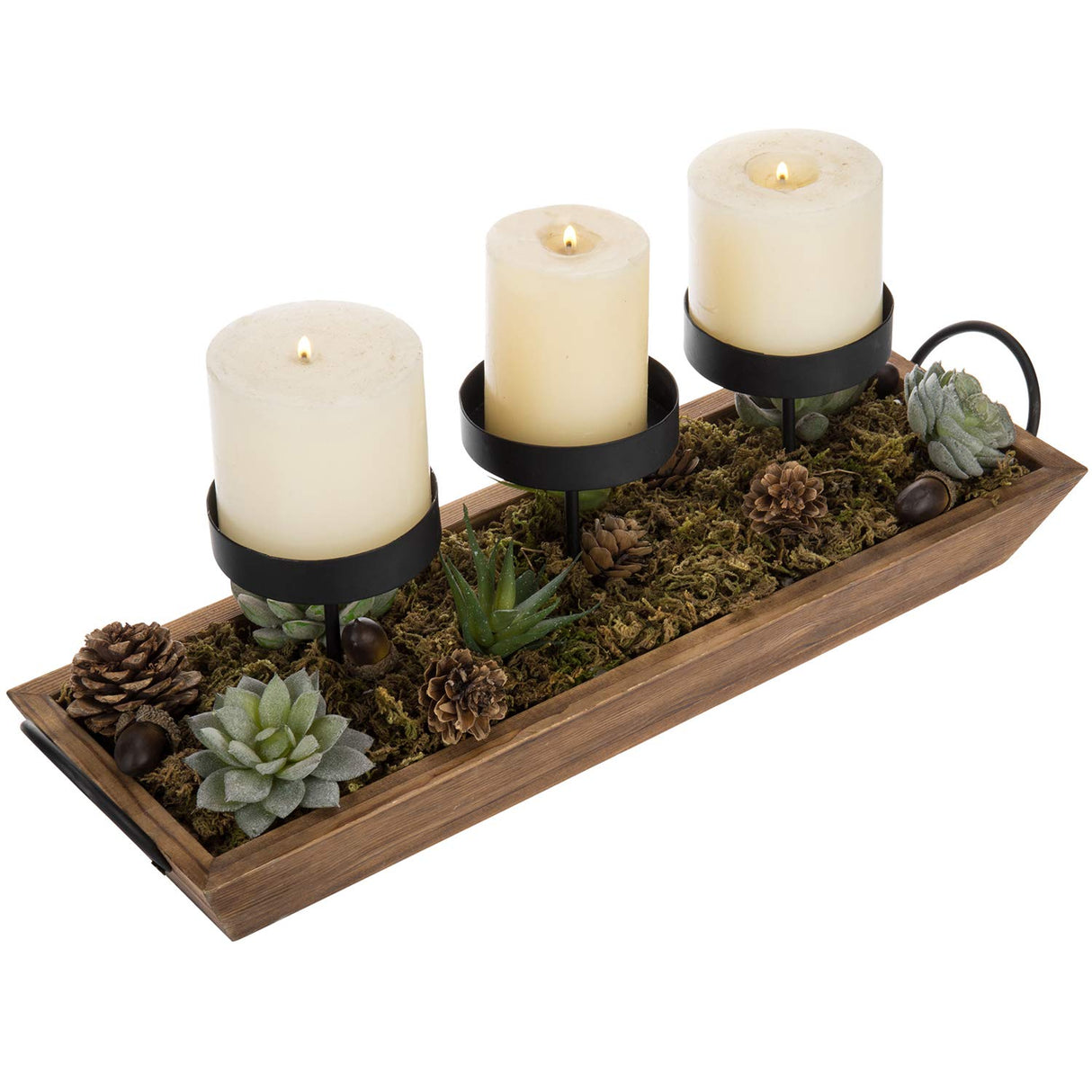 MyGift 3-Pillar Black Metal Candle Holder with Rustic Wood Tray and Handles, Tabletop/Mantel Centerpiece MyGift