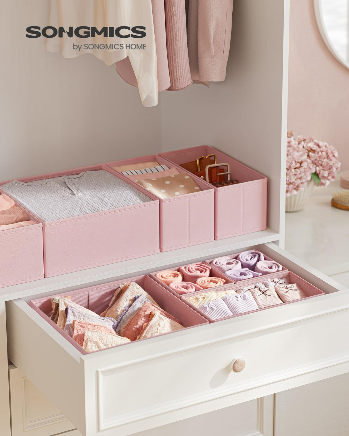 SONGMICS Drawer Organizer, Dresser Drawer Organizers, Set of 12, Foldable Fabric Storage Bins for Socks, Underwear, Bras, Ties, Scarves, Jelly Pink URDZ006R01 SONGMICS