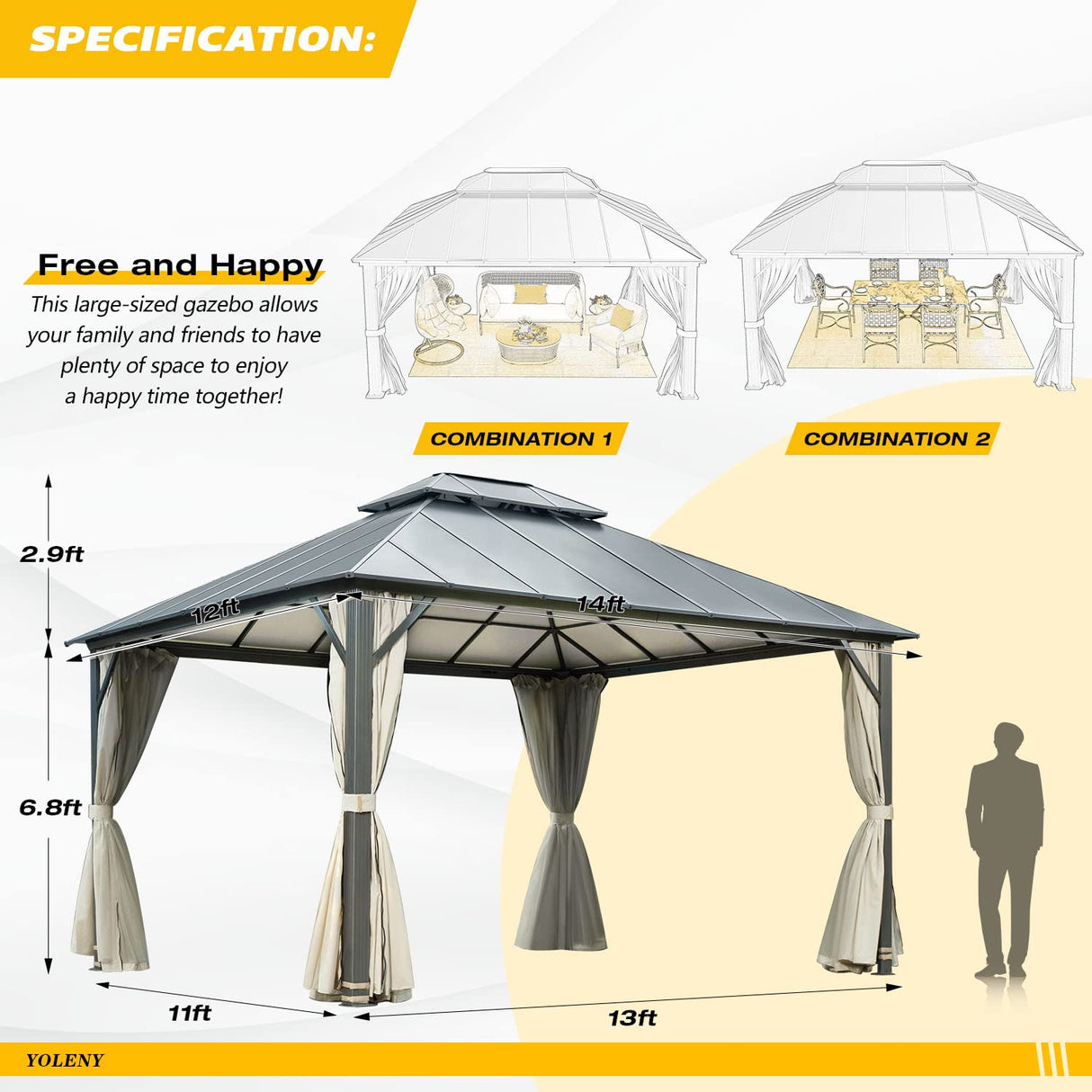 YOLENY 12' x 14' Hardtop Gazebo, Permanent Outdoor Aluminum Patio Gazebo with Aluminum Composite Double Roof for Patio Lawn and Garden, Curtains and Netting Included YOLENY
