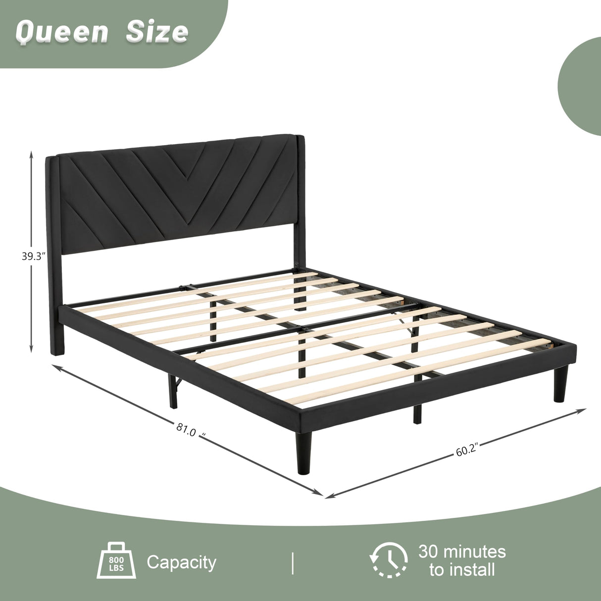 Queen Size Platform Bed Frame with Velvet Upholstered Headboard and Sturdy Wooden Slats Support,Metal Frame,Easy, Assembly, No Box Spring Needed,Slip Resistant,Mattress Foundation Black (Black, Queen) Inadpor
