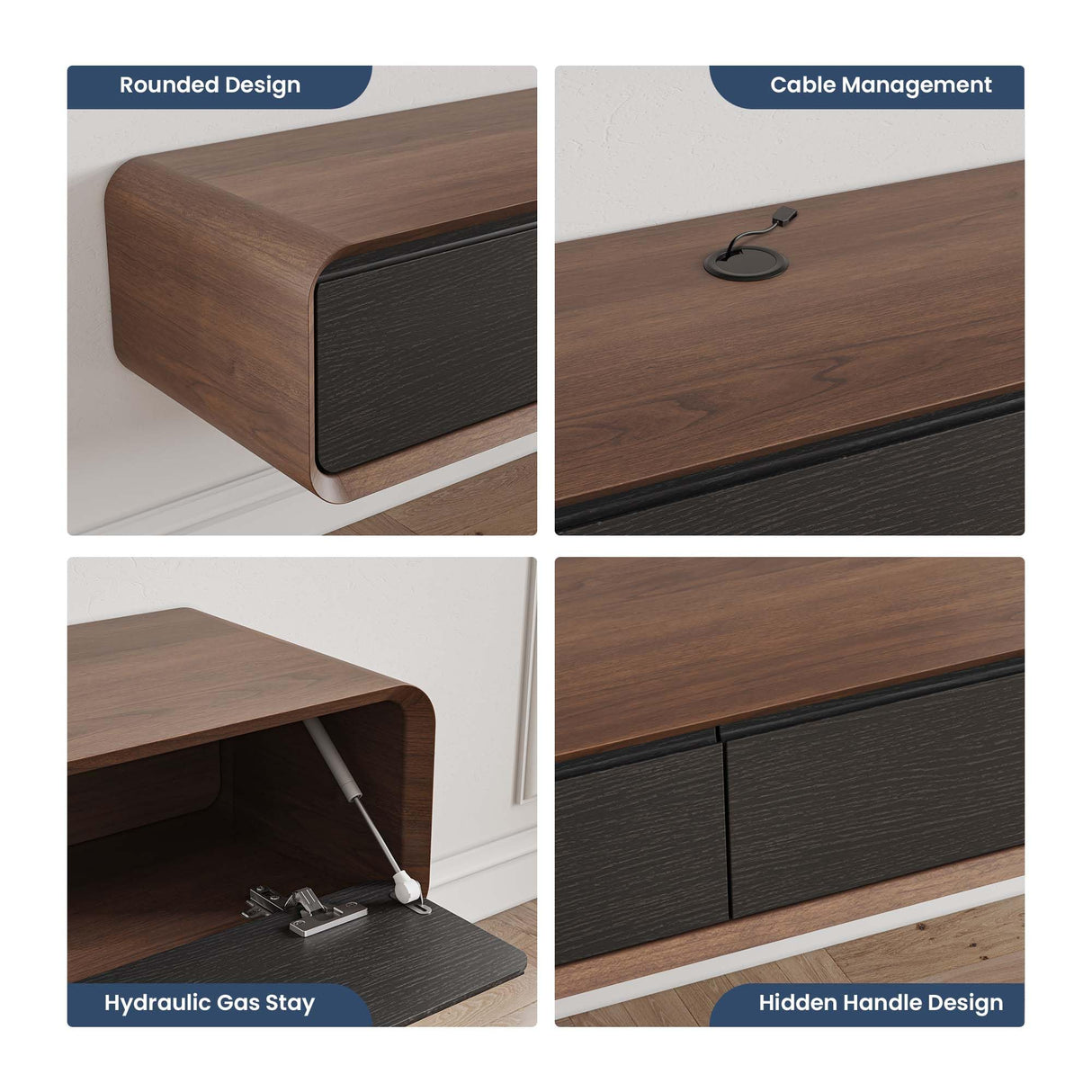 POVISON DONICY Fully-Assembled Minimalist Floating TV Stand, Modern Wall-Mounted Entertainment Center with 3 Drawers, Solid Wood, Walnut Veneer, 78" POVISON DONICY