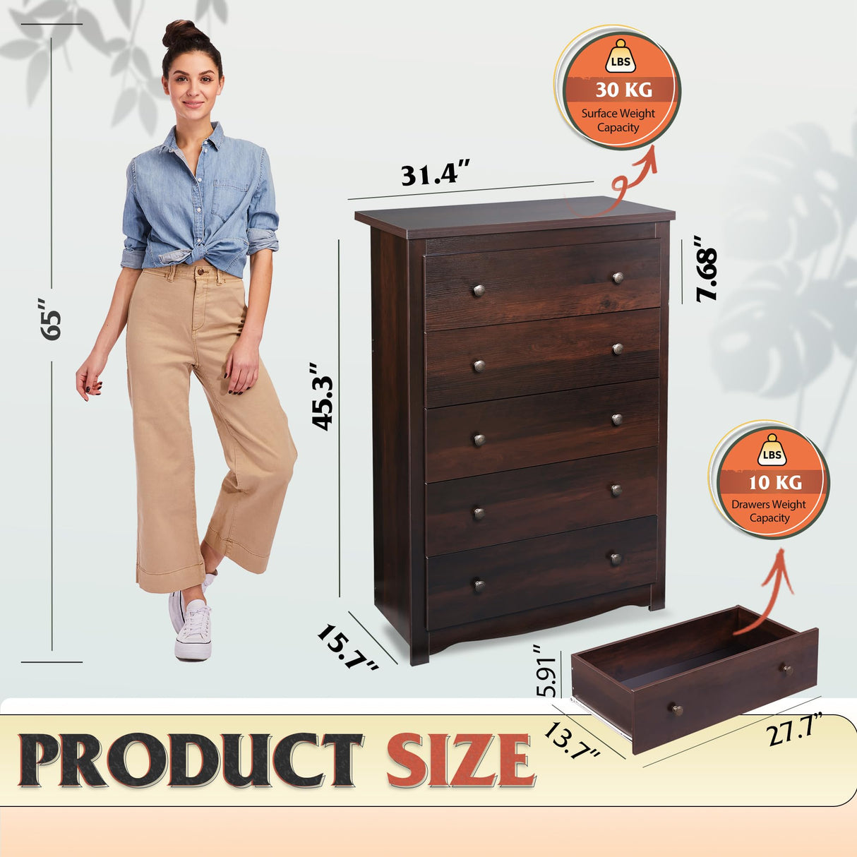 WLIVE Wood Dresser with 5 Drawer, Cabinets Dressers Wood Dresser Cabinet, Organizer Drawers for Bedroom, Living, Hallway, Measuring 15.7" W*31.4" D*45.3" H, Brown WLIVE