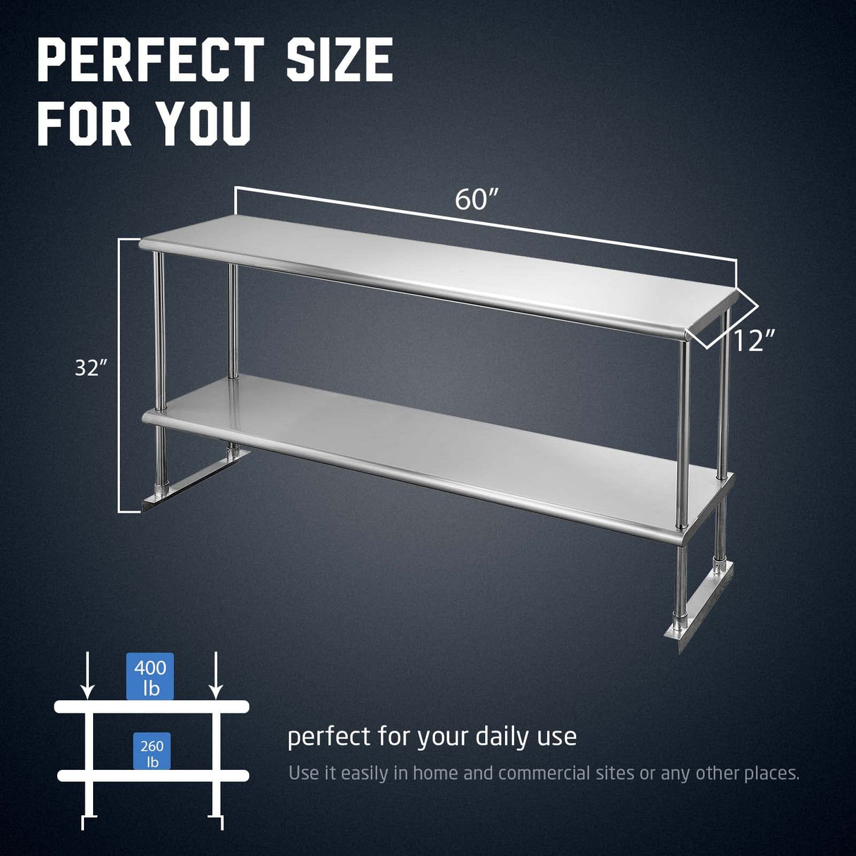 Profeeshaw Stainless Steel Overshelf for Prep & Work Table 12” x 60” NSF Commercial Adjustable Double Shelf 2 Tier for Restaurant, Bar, Utility Room, Profeeshaw