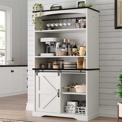 4ever2buy Farmhouse Tall Coffee Bar with Tall Hutch, White Coffee Bar Cabinet with 3 Tier Shelves, 70 Inch Buffet Cabinet with Sliding Barn Door and Adjustable Shelves for Living Dining Room