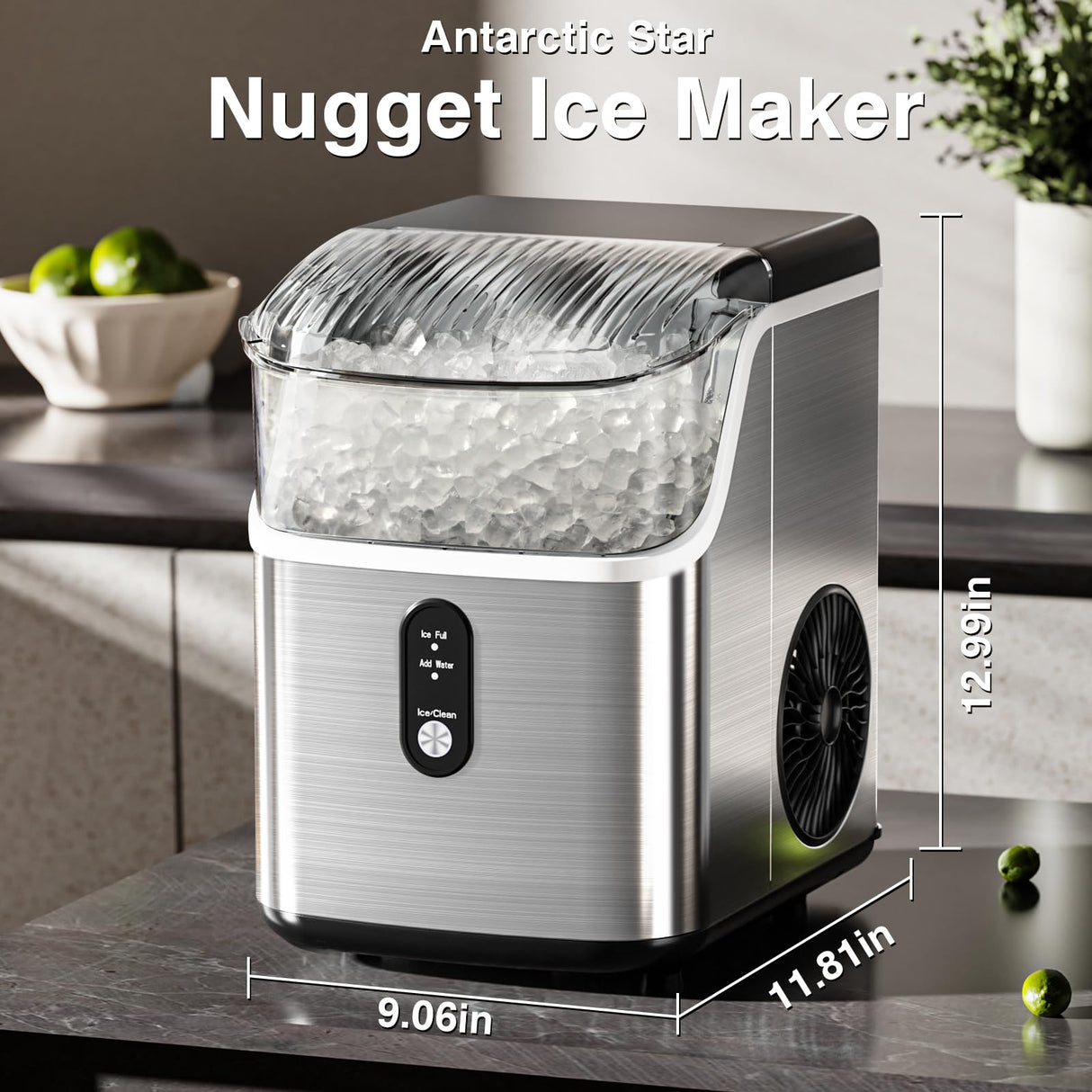 Nugget Ice Makers Countertop, Pebble Ice Machine with Chewable Pellet Ice, 34Lbs/24H, Self-Cleaning, Sonic Ice, One-Click Operation, for Kitchen,Office Stainless Steel Silver Antarctic Star