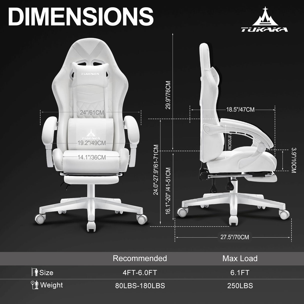 TUKAKA White Gaming Chair,Ergonomic Massage Computer Office Desk Chair with Footrest,Pocket Spring Cushion,Reclining Leather Adjustable Gamer Chair with Headrest and Lumbar Support,White TUKAKA