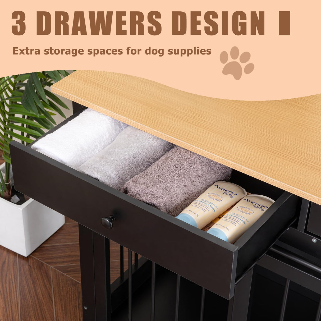 Sunseen Dog Crate Furniture for 2 Dogs,Wooden Double Dog Crate with Divider & 3 Drawer,Black Heavy Duty Large Breed Dog Kennel Furniture TV Stand End Table for Small Medium Large Dog,72''W*24''D*35''H sunseen