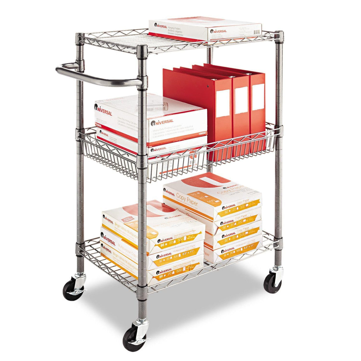 Alera ALESW342416BA 28 in. x 16 in. x 39 in. 500-lb. Capacity Three-Tier Wire Rolling Cart - Black Anthracite Alera