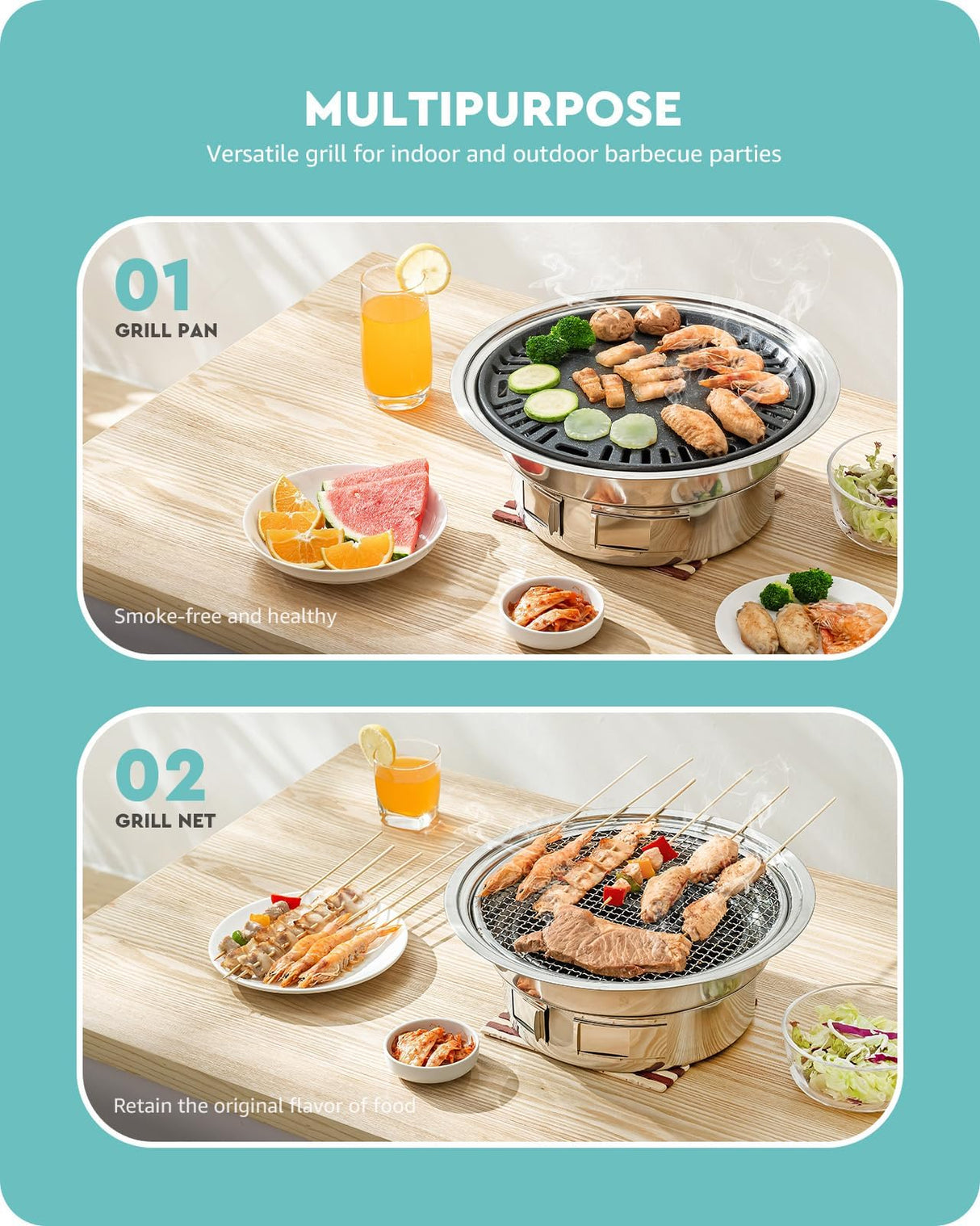 Baffect BBQ Charcoal Grill, 13.7 inch Non-stick Stainless Steel Korean Barbecue Grill, Portable Charcoal Stove for Outdoors Camping Picnic and Indoor Party Cooking Baffect