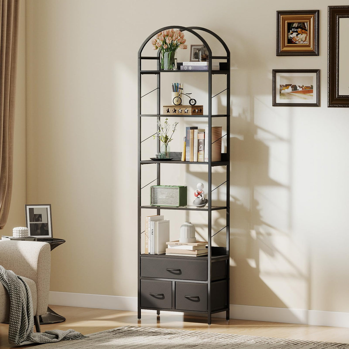 Turosur Arched Bookshelf with 3 Drawers & LED Lights, 83" Tall Narrow Bookcase with Open Shelves, 6 Tier Industrial Bookshelf for Living Room, Bedroom, Study, Black Turosur
