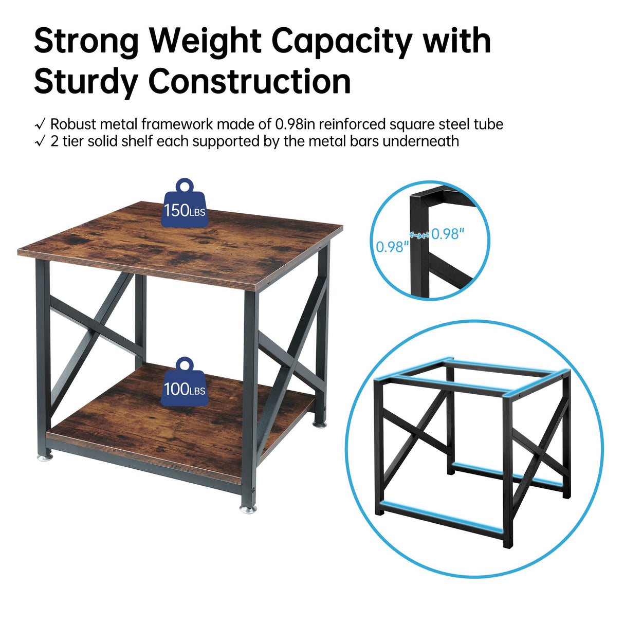 Fannova Large Printer Stand, 23.6 x 23.6 x 22.6 Inches Square Printer Table with Storage Shelf, 2 Tier Rolling Printer Cart with Industrial Wheels for Home Office - Rustic Brown Fannova