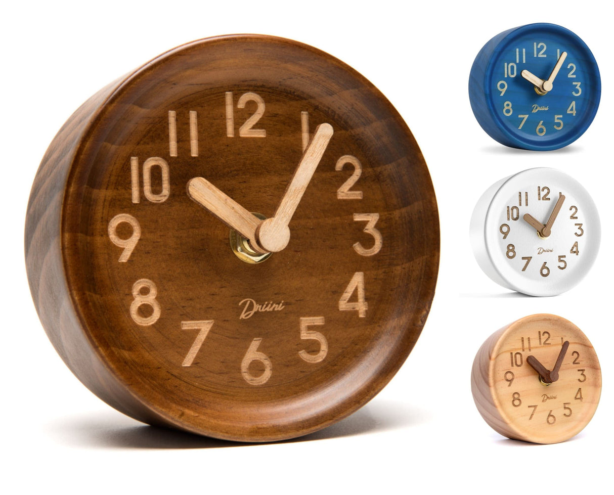 Driini Wooden Analog Desktop Clock – 4.3 in. Decorative Pinewood Clock, No-Tick Design – Easy to Read Silent Sweep Mantle Clock – Quiet Tabletop Clocks with Wood Body, Hands, & Battery Cover; Dark Driini