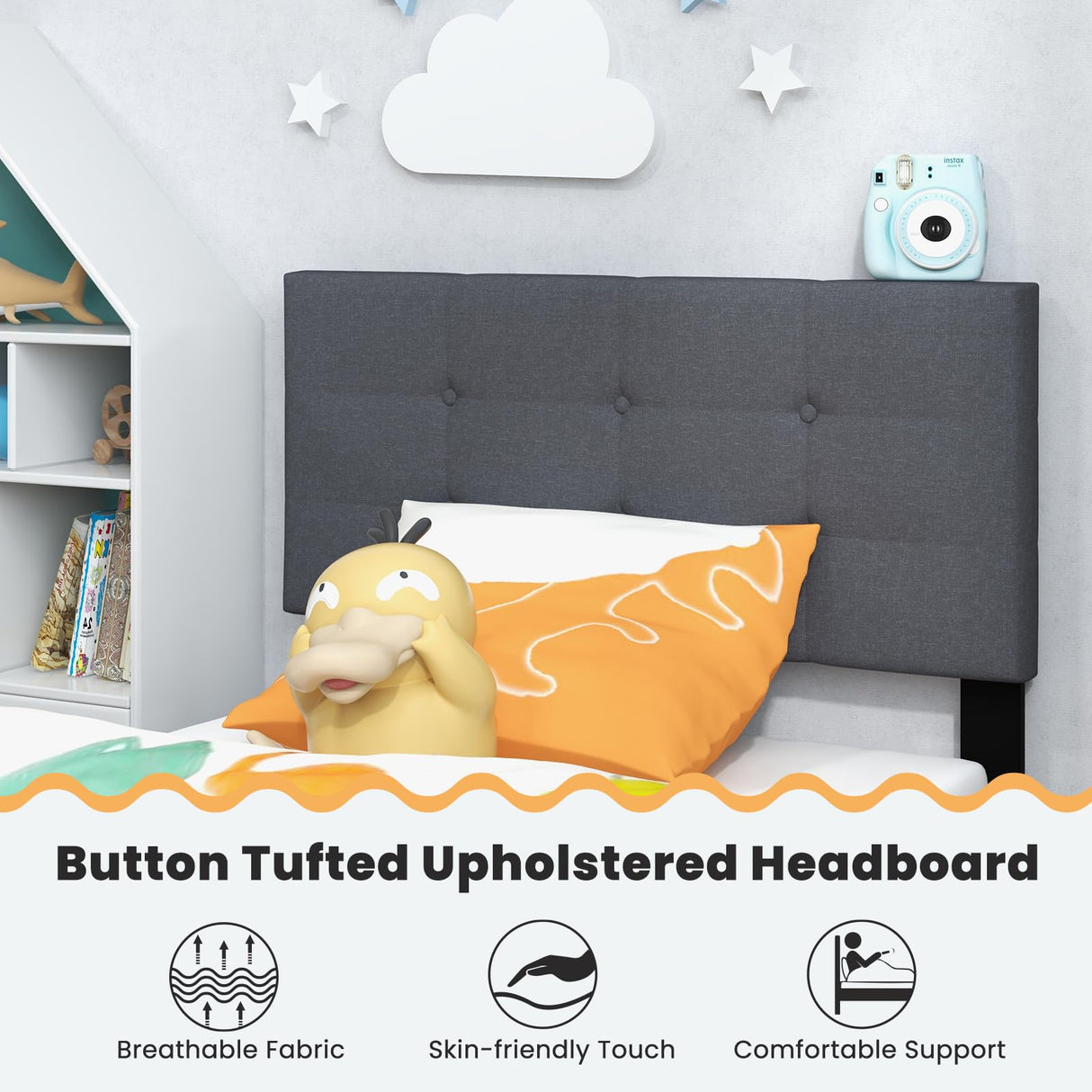 Giantex Twin Bed Frames for Kids, Modern Fabric Linen Upholstered Platform Bed Frame with Button Tufted Headboard and Wooden Slats, No Box Spring Needed, Kids Twin Bed for Boys Girls, Grey Giantex