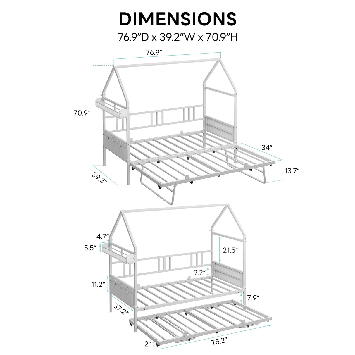 LIKIMIO Daybed with Pop Up Trundle, House Metal Twin Bed Frame with Bedside Storage,Sofa Day Bed for Living Room, Bedroom and Guest Room,White LIKIMIO