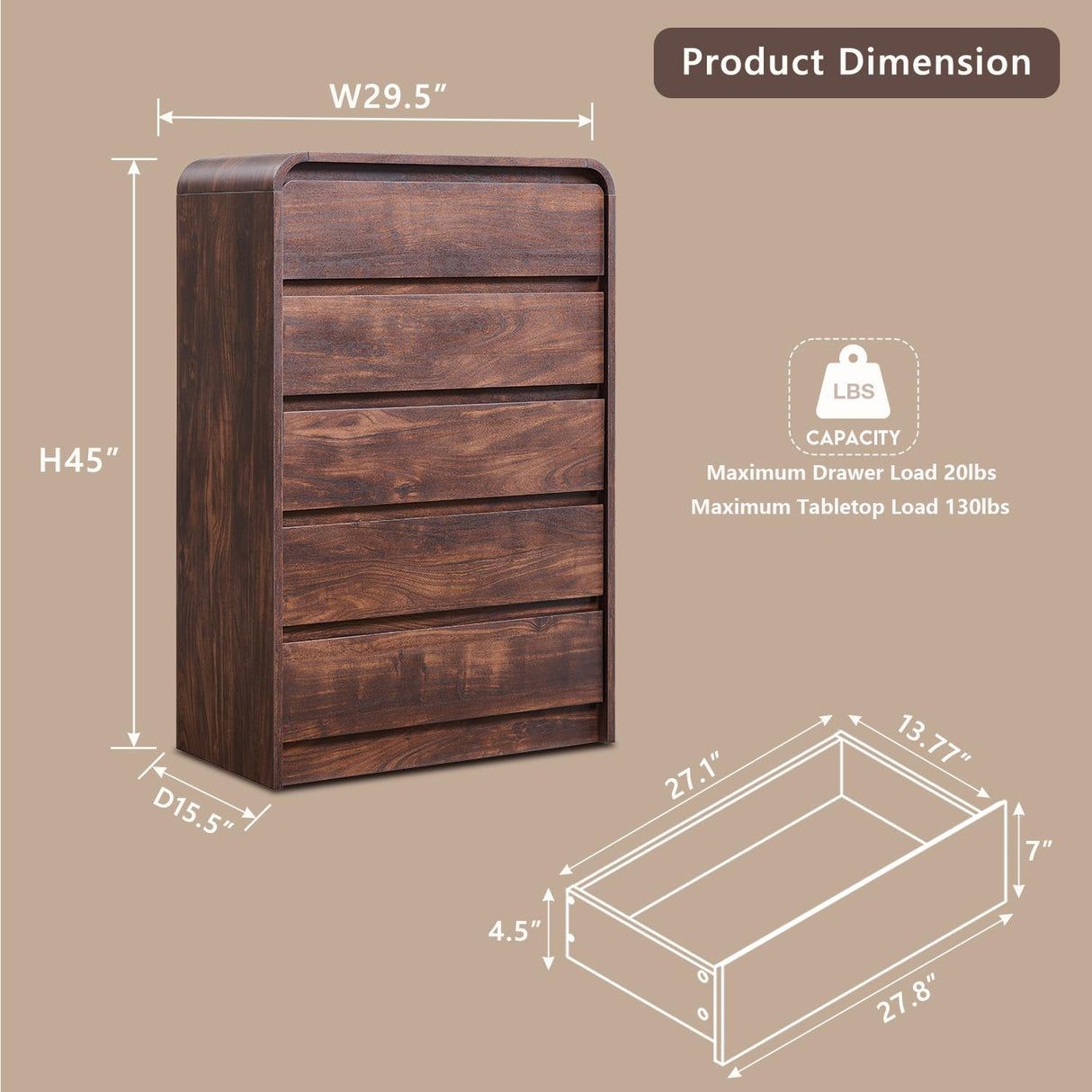Aitjunz Modern 5 Drawers Dresser for Bedroom, 45" Tall Dressers & Chests of Drawers w/Curved Profile Design, Wood Mid Century Vertical Dresser w/Natural Texture for Bedroom, Living Room, Brown Aitjunz