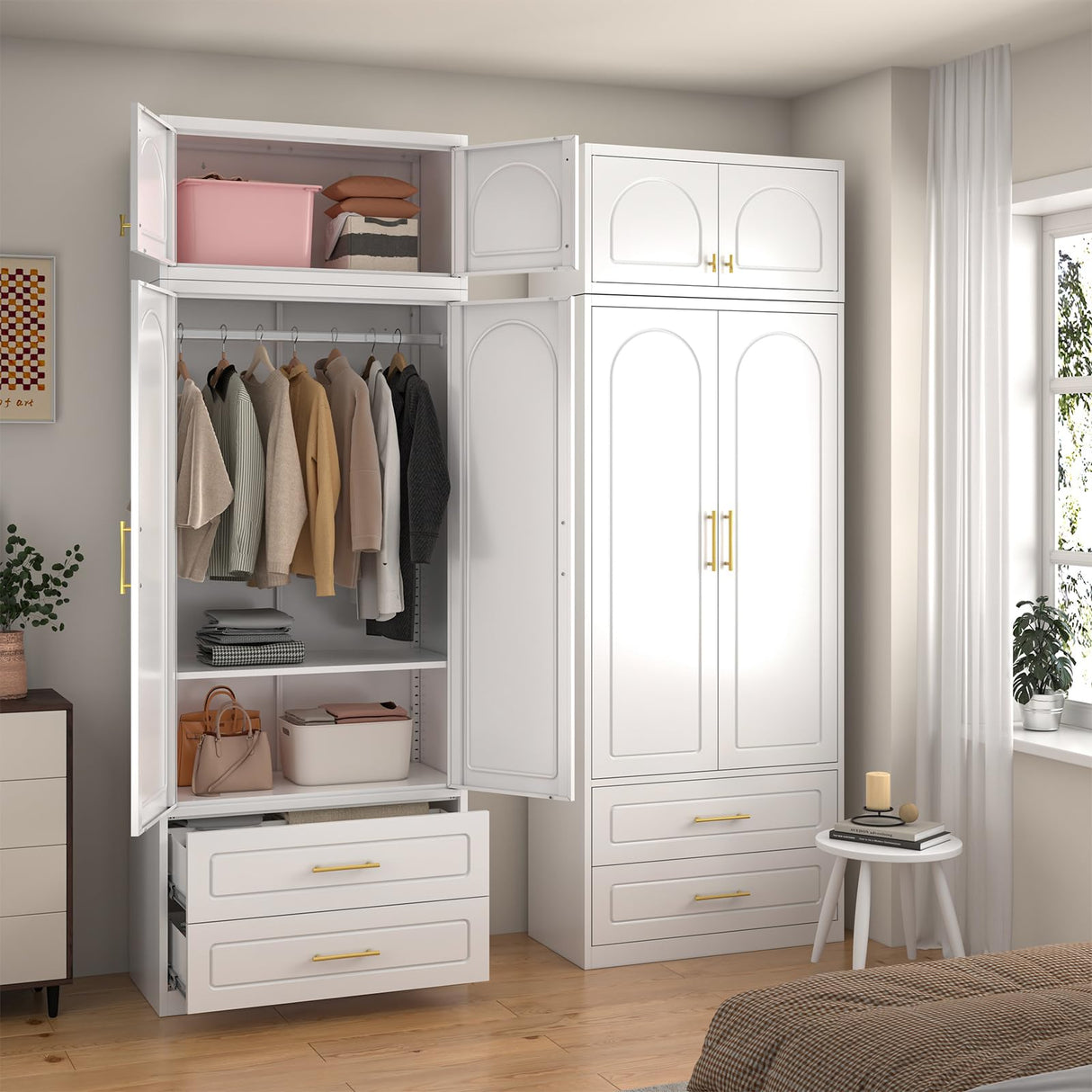 SteeLoong 86" Metal Armoire Wardrobe Closet with 2 Drawers,Tall Clothing Storage Cabinet with Adjustable Shelves and Hanging Rod,White Wardrobe Closet for Bedroom,Home,Office,Gym SteeLoong