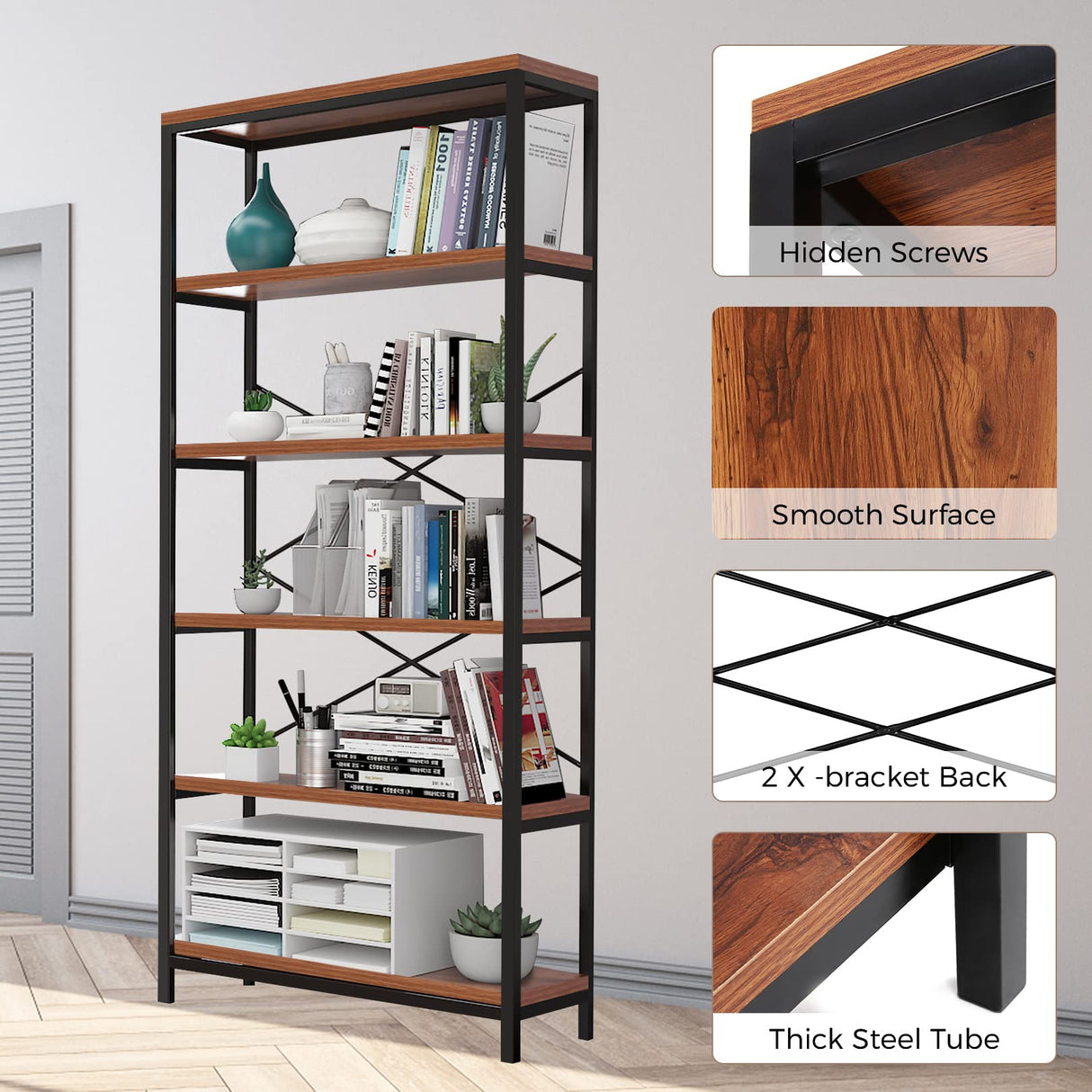 Himimi 6 Tier Industrial Bookshelf, Vintage Standing Storage Shelf, Display Shelving Units, Tall Bookcase, Industrial Metal Book Shelves for Living Room Bedroom and Home Office Himimi