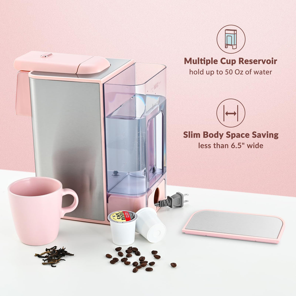 Mecity Pink Coffee Maker 3-in-1 Single Serve Coffee Machine, For Flat Bottom Coffee Capsule, Ground Coffee, 6 to 10 Ounce Cup, Removable 50 Oz Water Reservoir, 120V 1150W Mecity