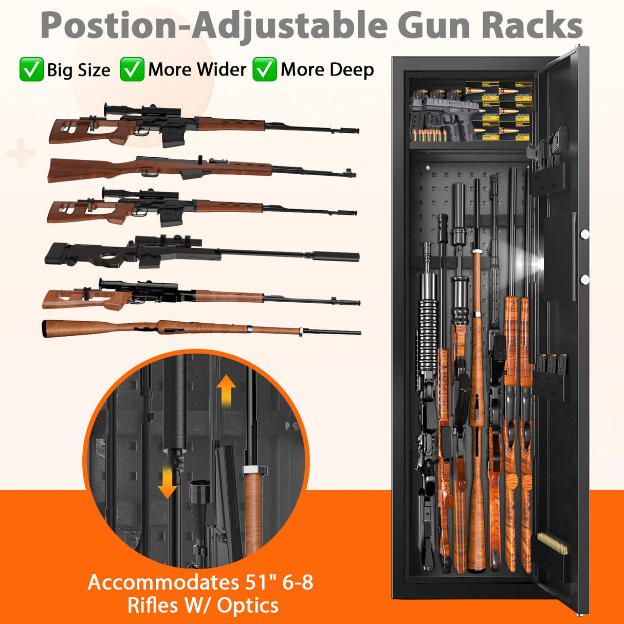 2025 8-Gun Fireproof Gun Safe for Rifles and Pistols, 51" Tall Quick Access Rifle Cabinet for Home Defense, 70lbs Heavy Duty Rifle Safe with Adjustable Rifle Racks fit Rifles of Different Heights Tiskgg