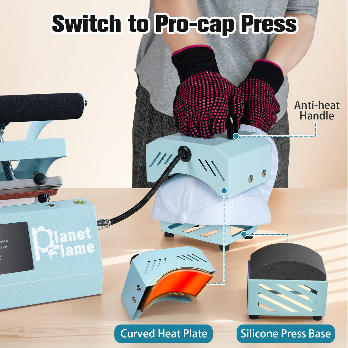 PlanetFlame Tumbler and Hat Heat Press Machine, 2-in-1 Combo Machine for Cup and Cap with Gloves and High Temp Heat Resistant Tape for 11oz-30oz Sublimation Tumbler and All Caps, Blue PlanetFlame