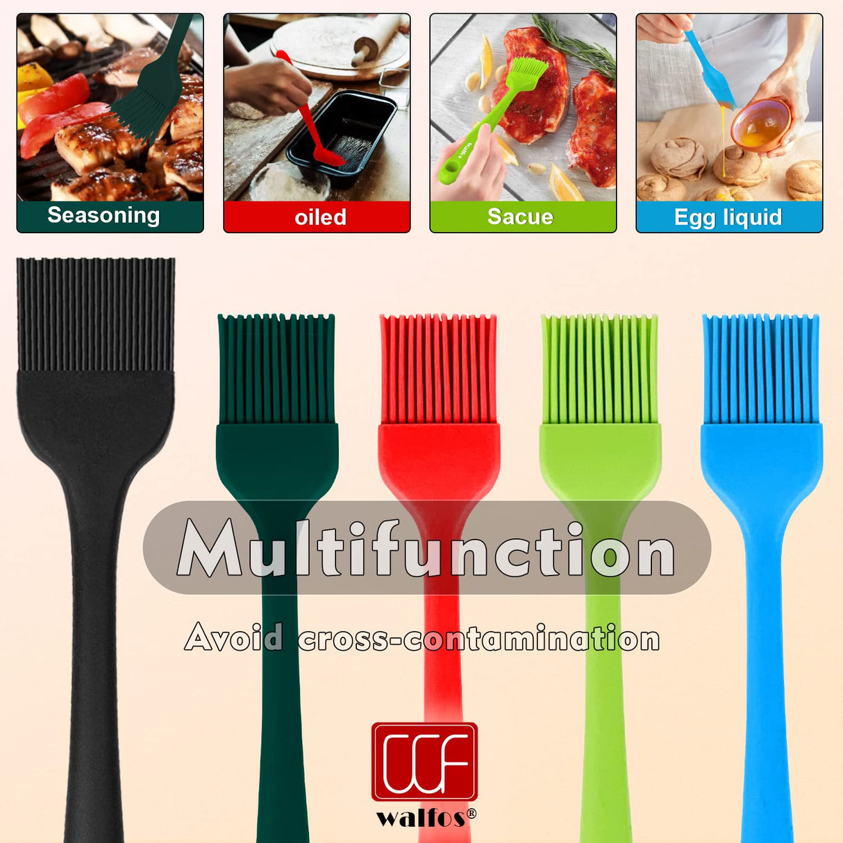 Walfos Silicone Basting Brush Set, 5 Pieces Heat Resistant Pastry Brush, Perfect for Baking,BBQ Grill,Kitchen Cooking,Strong Steel Core and One-Pieces Design,BPA Free and Dishwasher Safe Walfos