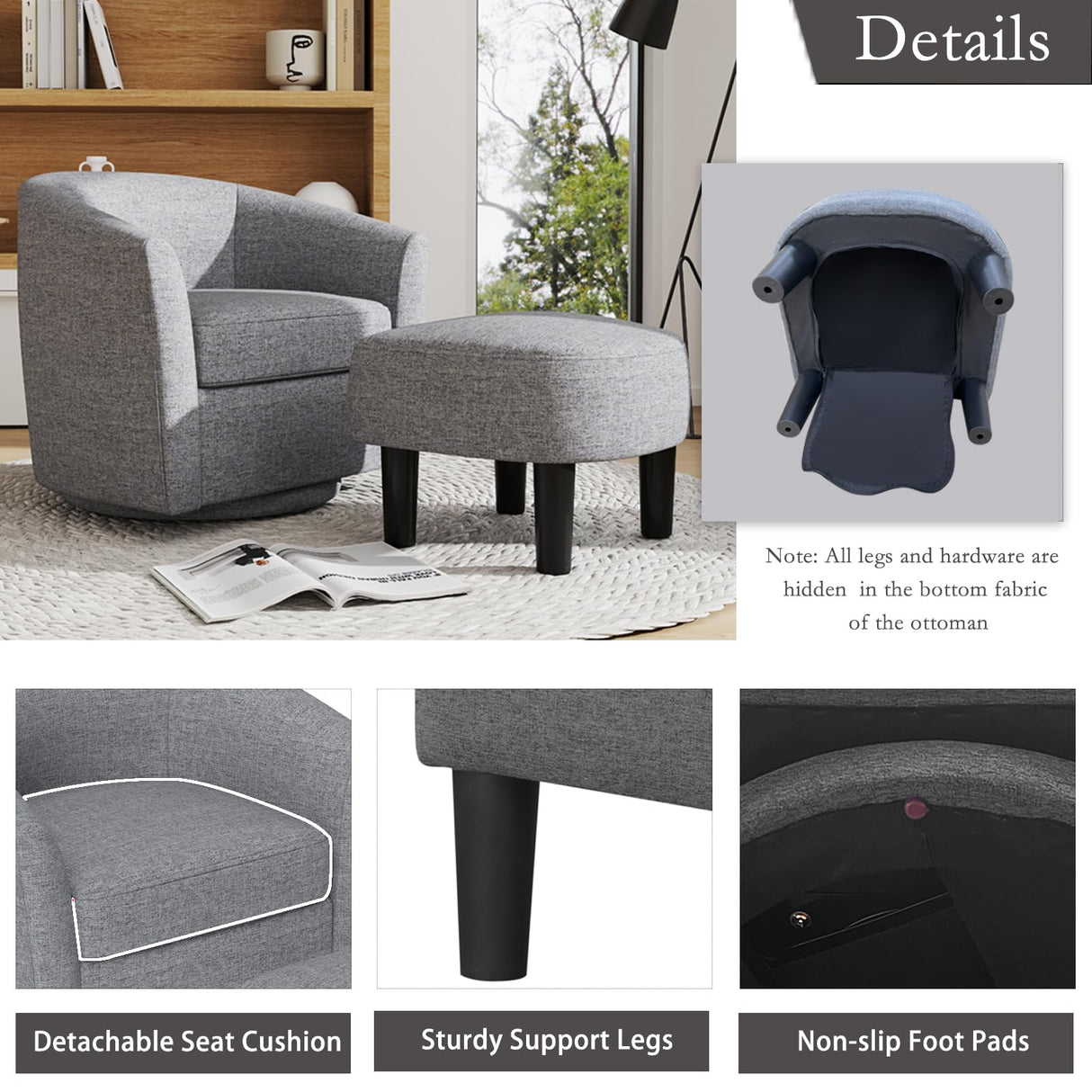 KOMFOTT Swivel Barrel Chair with Ottoman, Upholstered Armchair with Footrest, Removable Seat Cushion, Linen Fabric Club Reading Sofa Chairs, Modern Accent Chair for Living Room, Bedroom, Grey KOMFOTT