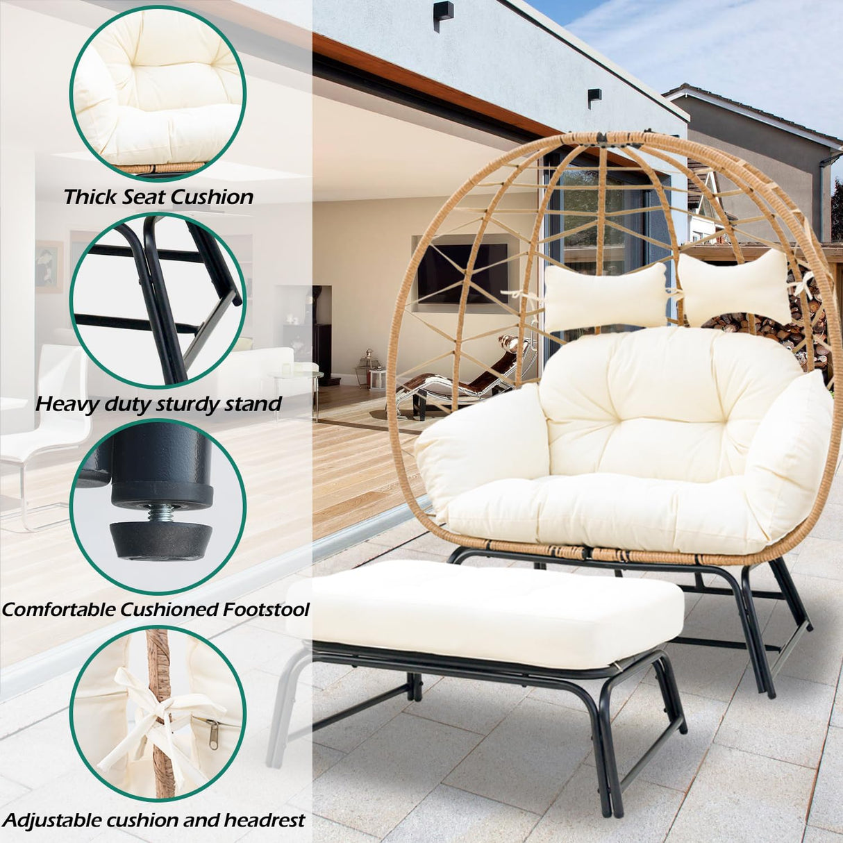 Nevsokio Double Wicker Outdoor Egg Chair,Lounge Chair with Ottoman,Oversized Patio Chair with Footrests,Cushions, Outdoor Indoor Rattan Chair (Webbing, White) Nevsokio