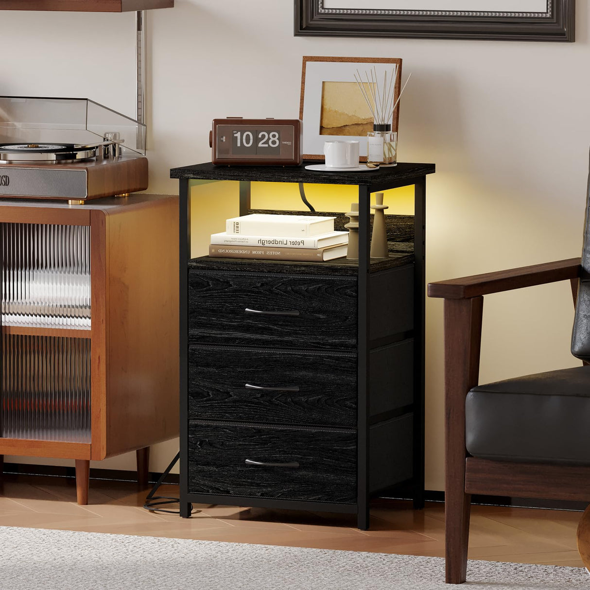 Fixwal Night Stand with Charging Station, LED Nightstand with Fabric Drawers, End Table with PU Finish, Bed Side Table, Black Oak Fixwal