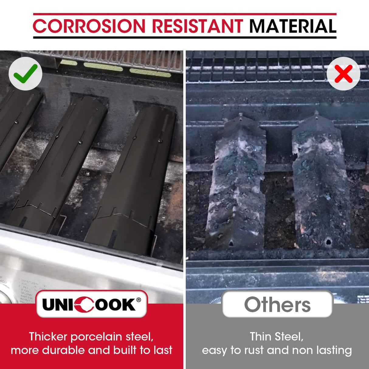 Unicook Universal Replacement Heavy Duty Adjustable Porcelain Steel Heat Plate Shield, Heat Tent, Flavorizer Bar, Burner Cover, Flame Tamer for Gas Grill, Extends from 11.75" up to 21" L, 4 Pack Unicook