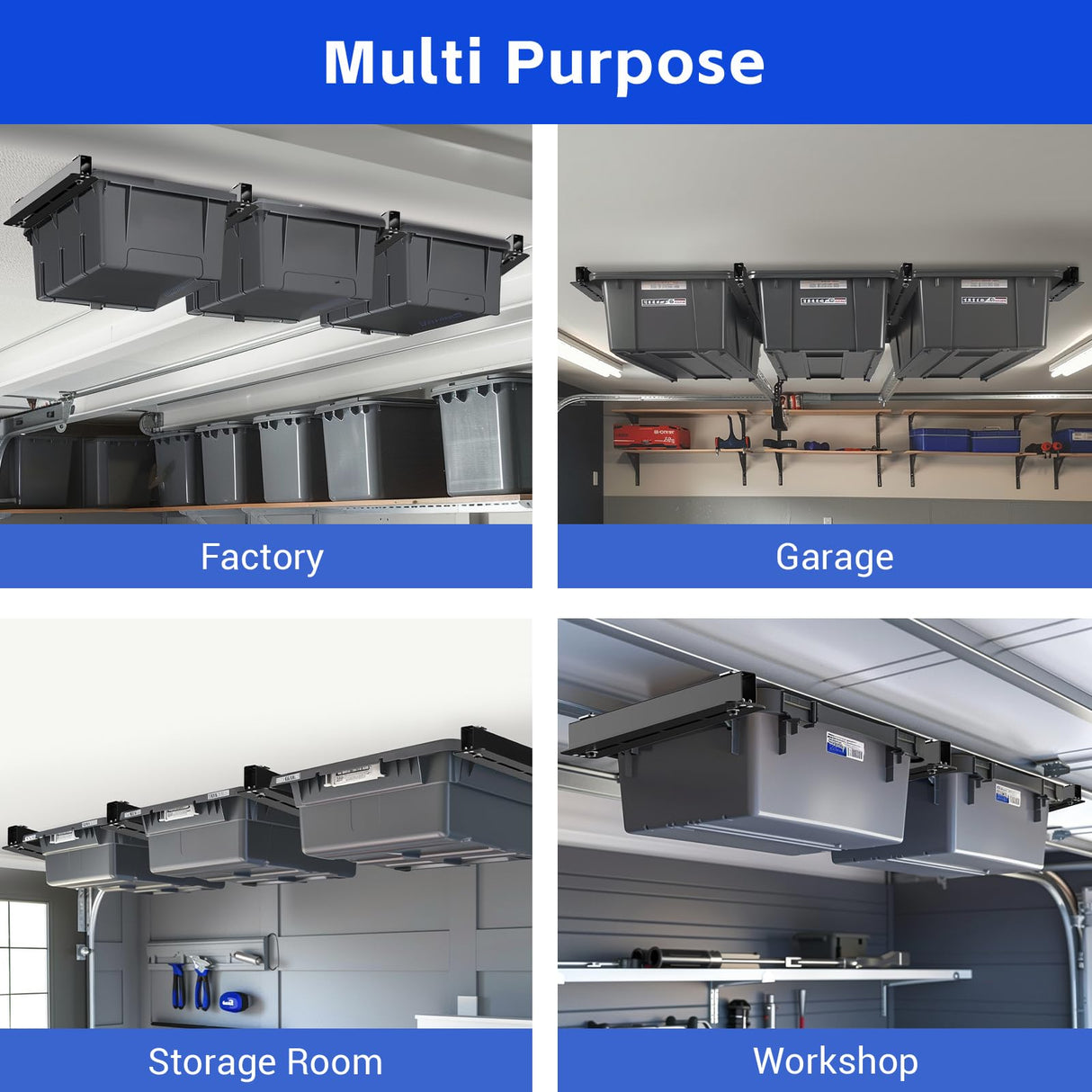 Fixirons 6 Pack Overhead Storage Bin Rack, Ceiling Racks for Utility Bins Organization, Heavy Duty Rack Ceiling Garage Storage for Supports Most Bins Container (for 5 Bins, Bins are not included) Fixirons