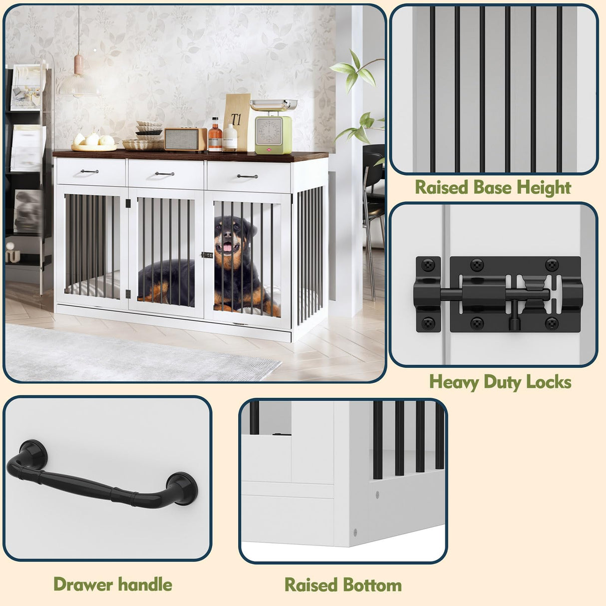 DAWNSPACES Extra Large Dog Crate Furniture with 3 Drawers, 55.3" Indoor Heavy Duty Dog Kennel House, Furniture Style Dog Crate Side End Table TV Stand for XL Large Medium Breed Dogs, White DAWNSPACES
