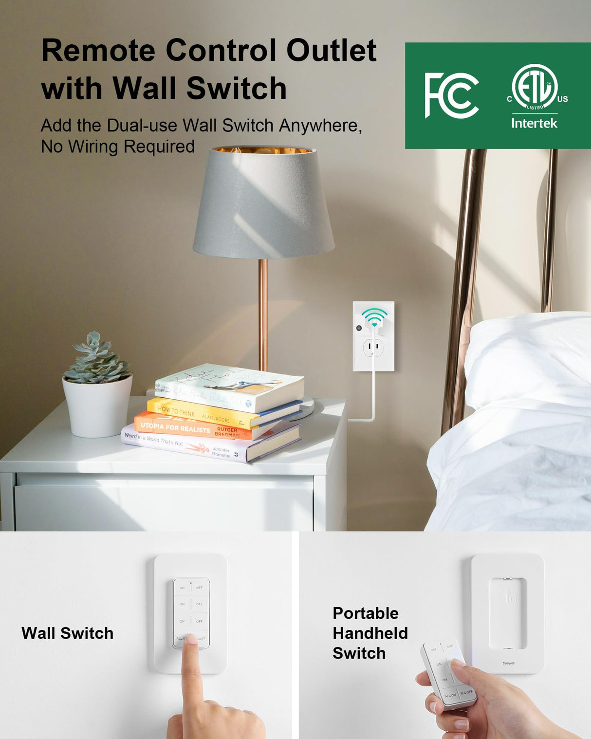TREEWELL Remote Control Outlet Wireless Wall Mounted Light Switch, Programmable and Expandable Remote Light Switch Kit, No Wiring Needed, 200 Ft RF Range, 15A/1875W, Compact Design, ETL Listed treewell