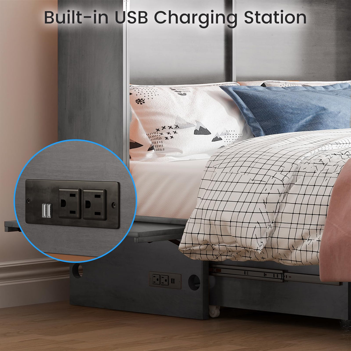 PUREMIND Queen Size Murphy Bed Cabinet,Cabinet Beds with Storage Drawers, Murphy Chest Bed with USB Charging Station, Murphys Space-Saving Wallbed for Bedroom, Guest Room PUREMIND