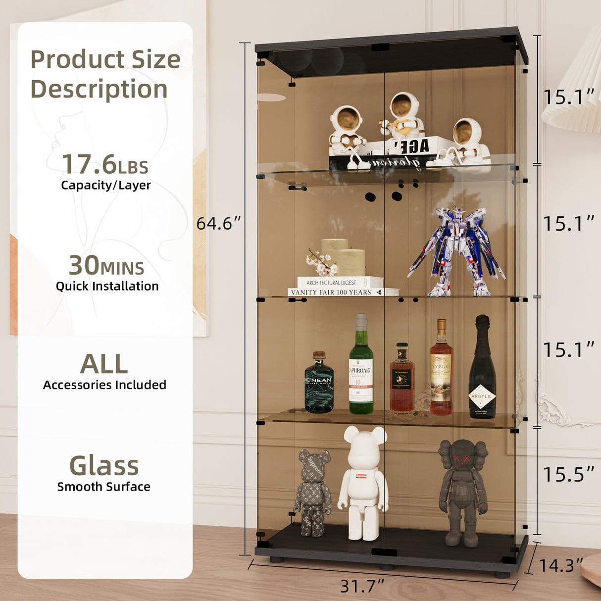 Beauty4U Glass Display Cabinet with 4 Shelves, 2 Doors Curio Cabinets for Living Room, Bedroom, Office, 5mm Brown Tempered Glass Floor Standing Bookshelf, Quick Installation Beauty4U