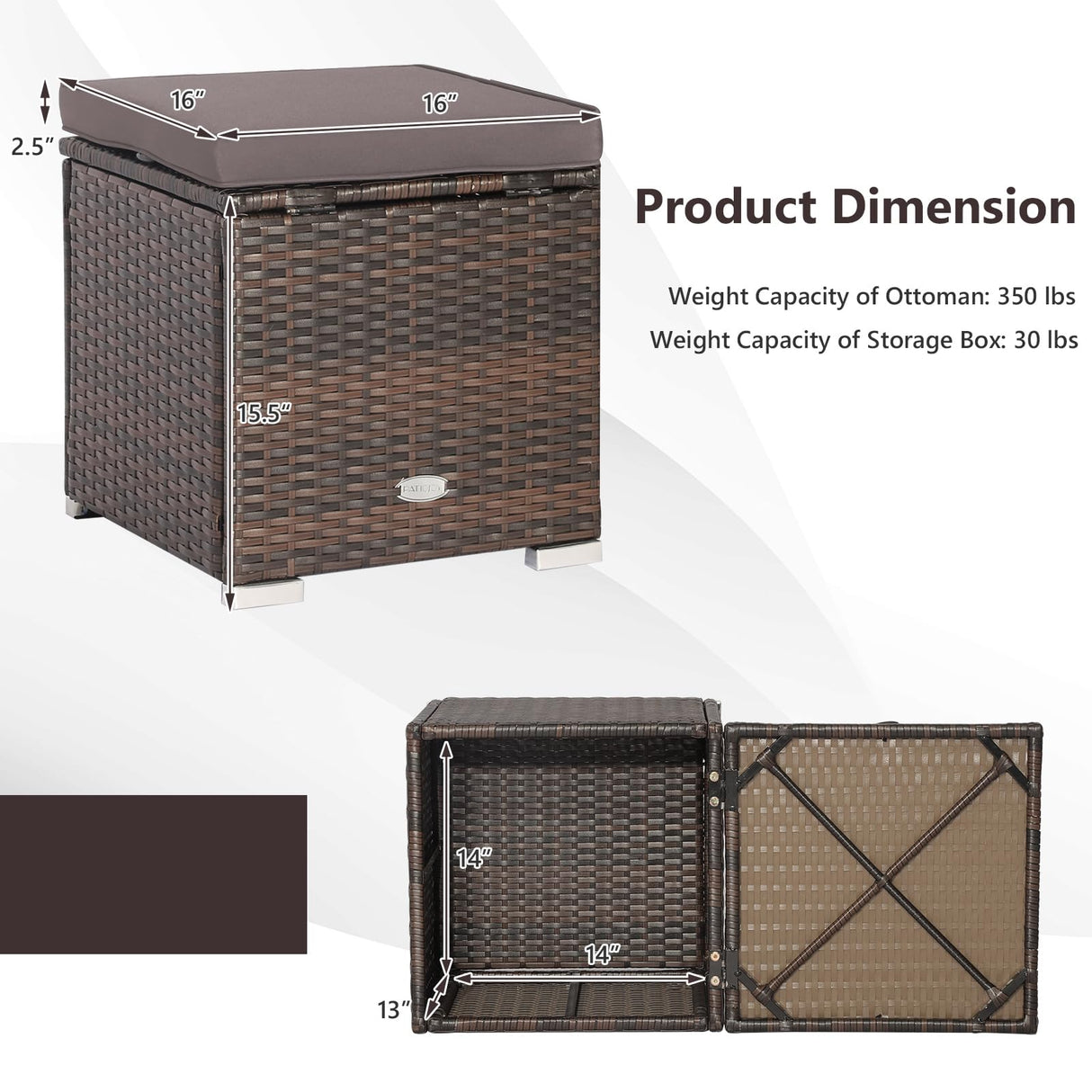 Tangkula 2 Pieces Patio Ottomans, Patiojoy Hand-Woven PE Rattan Side Table with Removable Cushion & Hidden Storage Space, Multifunctional Storage Box, Seats for Patio, Backyard, Poolside (Grey) Tangkula