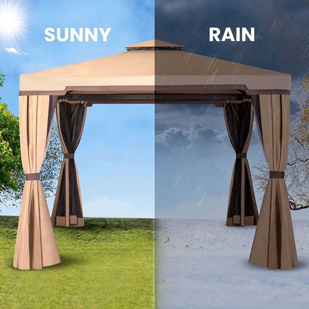 SUNCROWN 10 x 10 FT Outdoor Gazebo for Patio Iron Frame Garden Permanent Gazebo with Vented Soft Canopy and Mosquito Netting, Khaki SUNCROWN