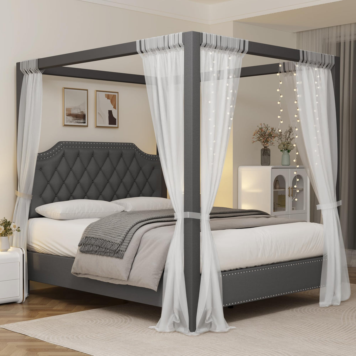 IDEALHOUSE Queen Size Canopy Bed Frame with Nailhead Decoration Headboard,Upholstered Bed Frame with Poles 4 Corner Bed Bracket,Solid Wood Slats Support,No Box Spring Needed,Noise Free,Gray IDEALHOUSE