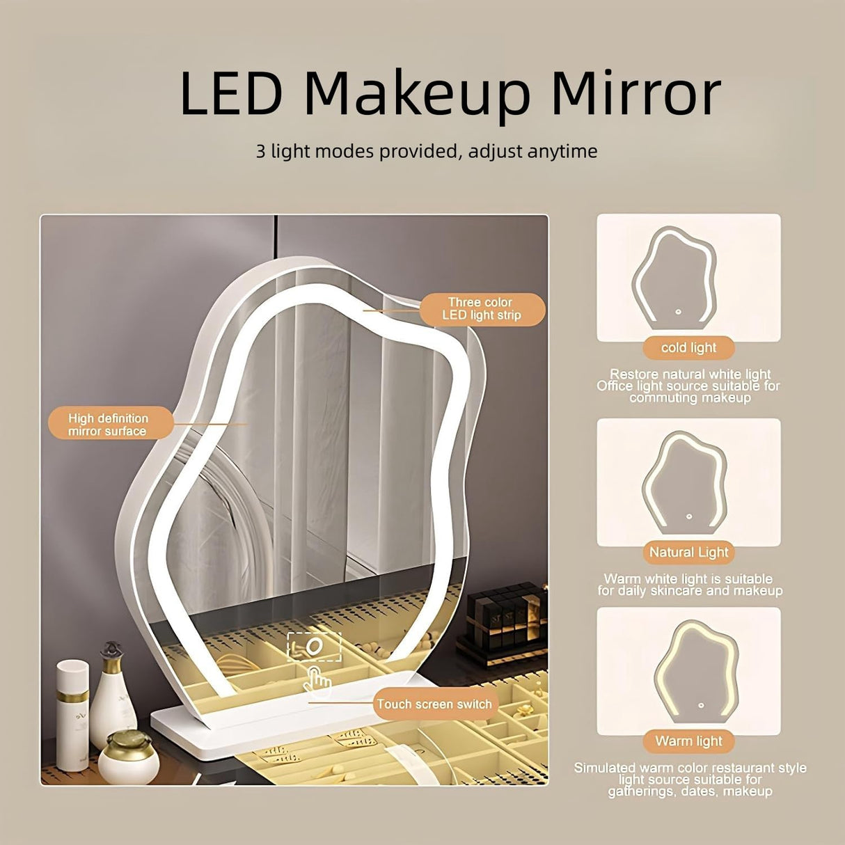 BLOVARI Luxury Makeup Vanity Table with Drawers, Wireless Charging Station & Speaker, Solid Wood Vanity Desk with LED Smart Makeup Mirror for Bedroom 48" BLOVARI