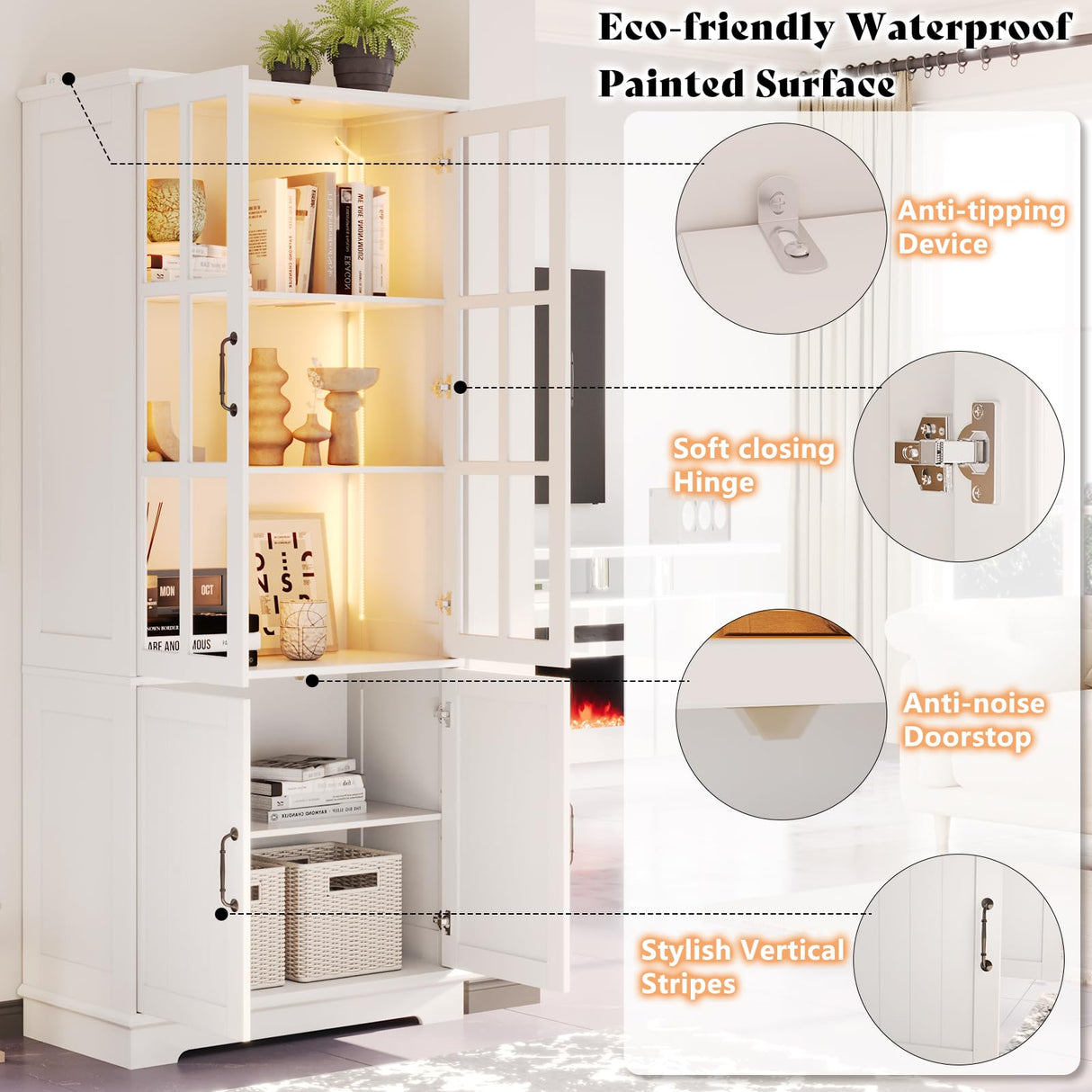 AMERLIFE 71" Tall Storage Cabinet with LED Lights, 5 Tier Large Modern Wood Kitchen Pantry with Acrylic Glass Doors & Shelves, Display Cabinet for Living room, Dining room, Bathroom, 4 Doors White AMERLIFE