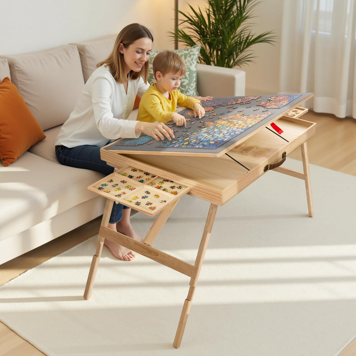 TEAKMAMA Puzzle Table 27.6" Tall 1500 Piece Puzzle Board with Drawers, 34.2" x 26.3" Adjustable 5-Tilting-Angle Jigsaw Table with Legs, Jigsaw Board for Adults, Nature TEAKMAMA