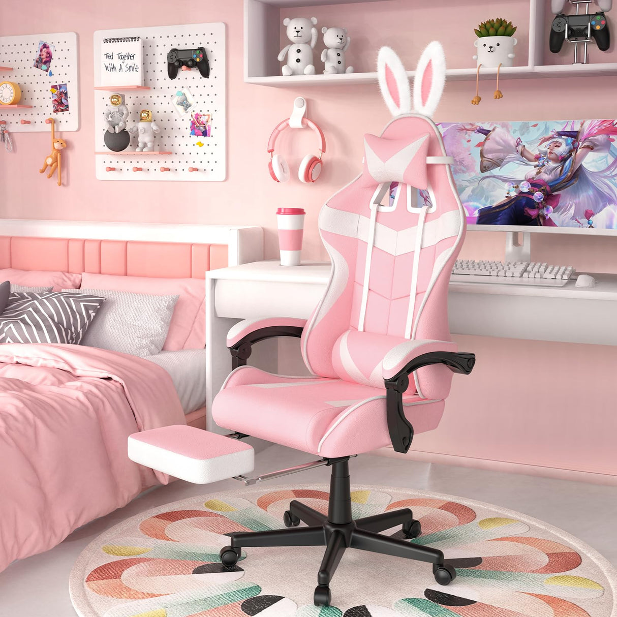 Soontrans Pink Gaming Chair with Footrest,Lovely Bunny Computer Gamer Chair,Gamer Desk Chair for Granddaughter,Sister,Girlfriend,Wife and Love (Pink) Soontrans