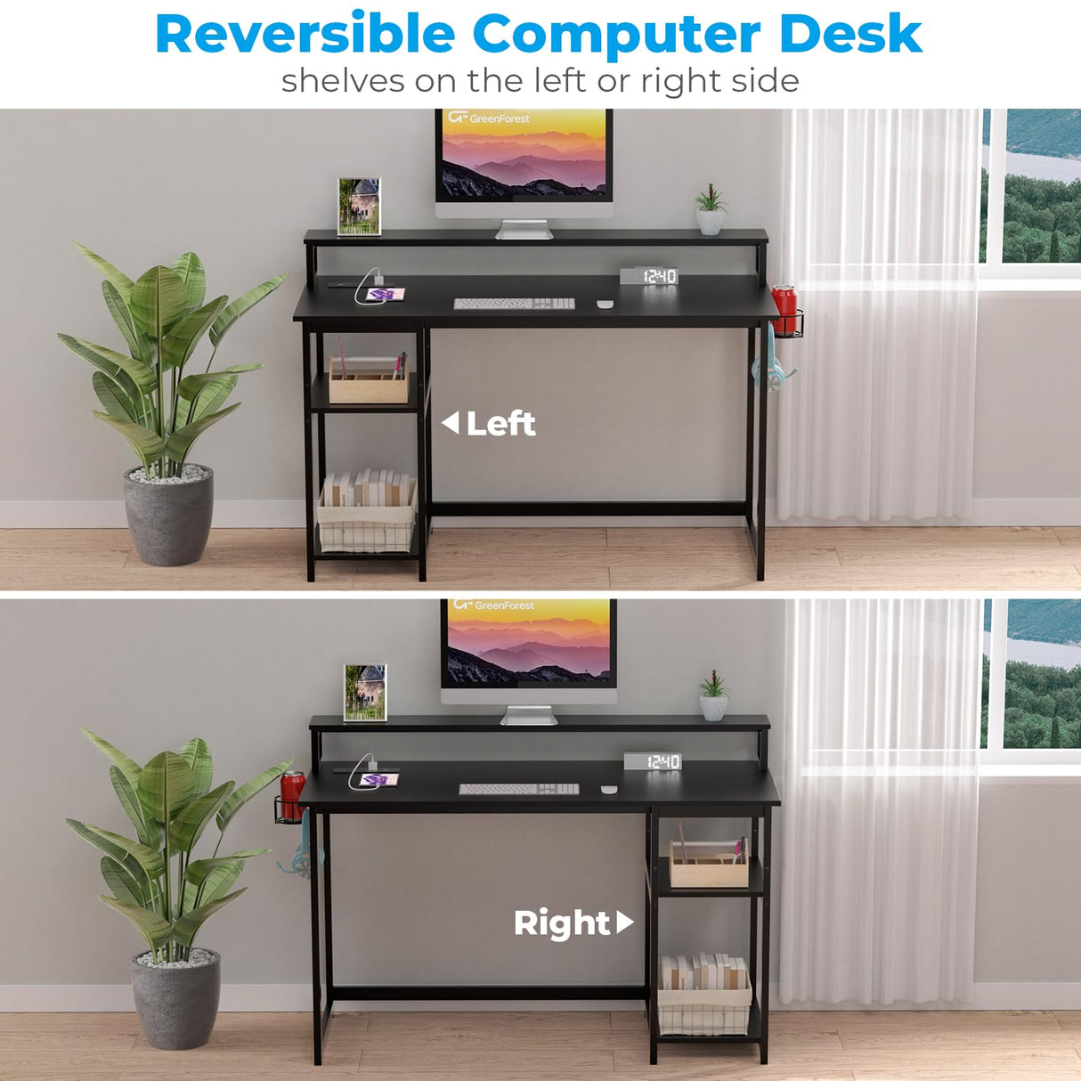 GreenForest 40 inch Computer Desk with Power Outlets, Small Home Office Desk with Ergonomic Monitor Stand, Reversible Gaming Desk, Modern Study Desk, Laptop Desk, Black GreenForest