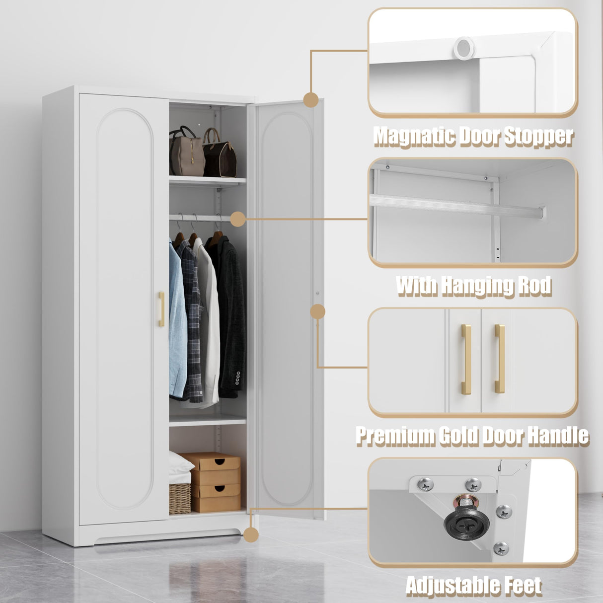 MetalMax 71" Tall Metal Storage Cabinet, Armoire Wardrobe Closet with Hanging Rod, Metal Clothing Storage Cabinets, White Bedroom Armoires with Adjustable Shelves, Steel Closet Cabinet for Bathroom MetalMax