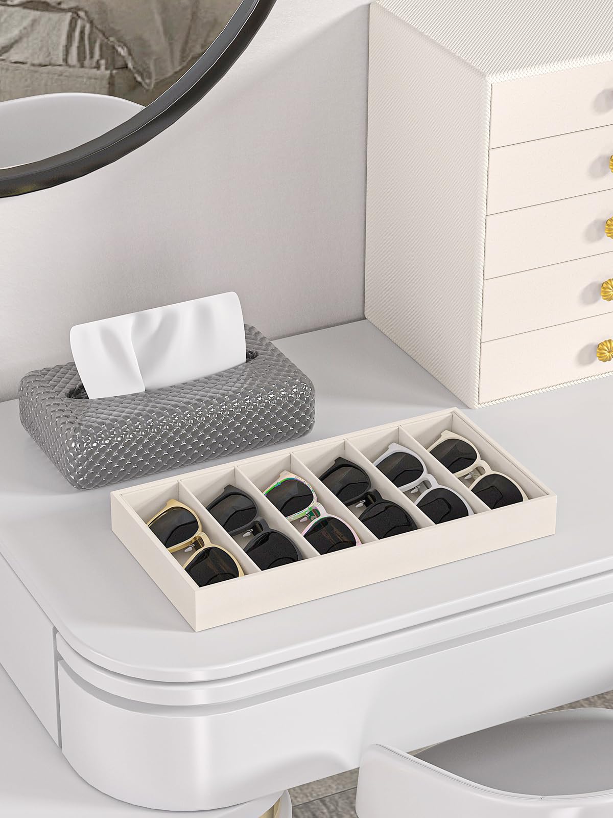 Ausalivan Sunglass Organizer Tray,Eyeglass Storage for Multiple Glasses,Jewelry and Sunglasses Drawer Organizer (2, Beige) Ausalivan