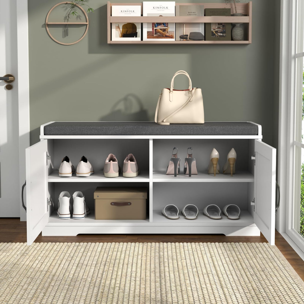 Loomie Shoe Storage Bench, Farmhouse Entryway Bench, 2-Tier Shoe Bench with Padded Seat Cushion, 13.78" D x 39.37" W x 19.69" H, Slim Shoe Cabinet Bench for Entryway, Living Room, Bedroom (White) Loomie